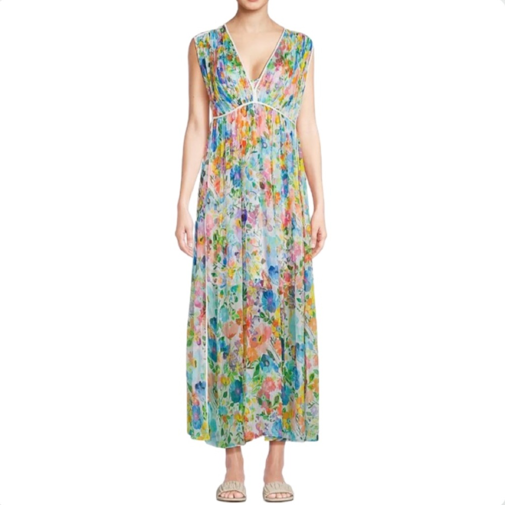Johnny Was Summer Floral V-Neck Maxi Dress in Multicolor Size Large